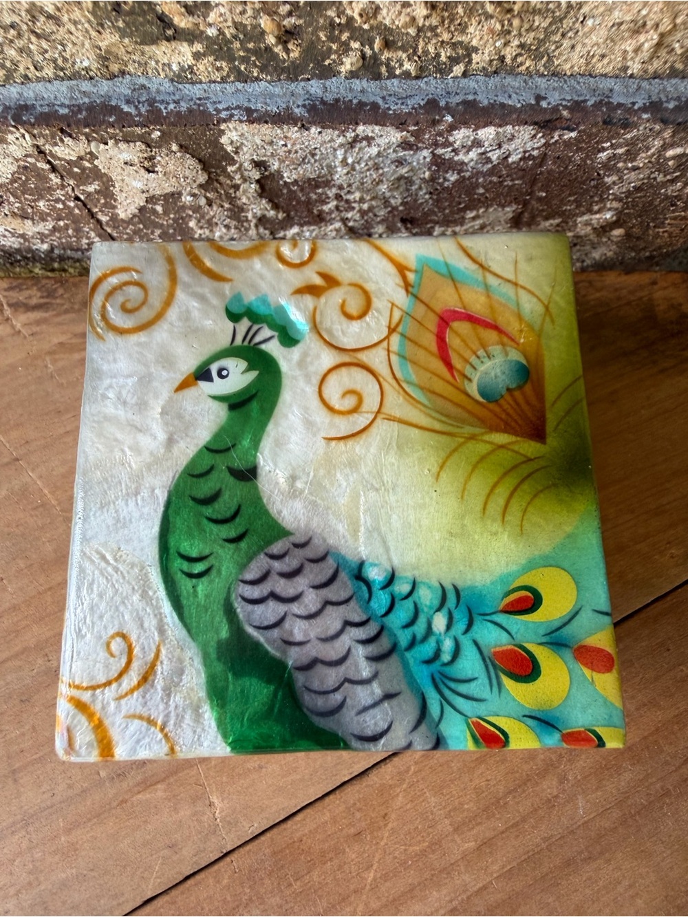 Peacock Capiz Shell Keepsake Box 3” Square Stunning!